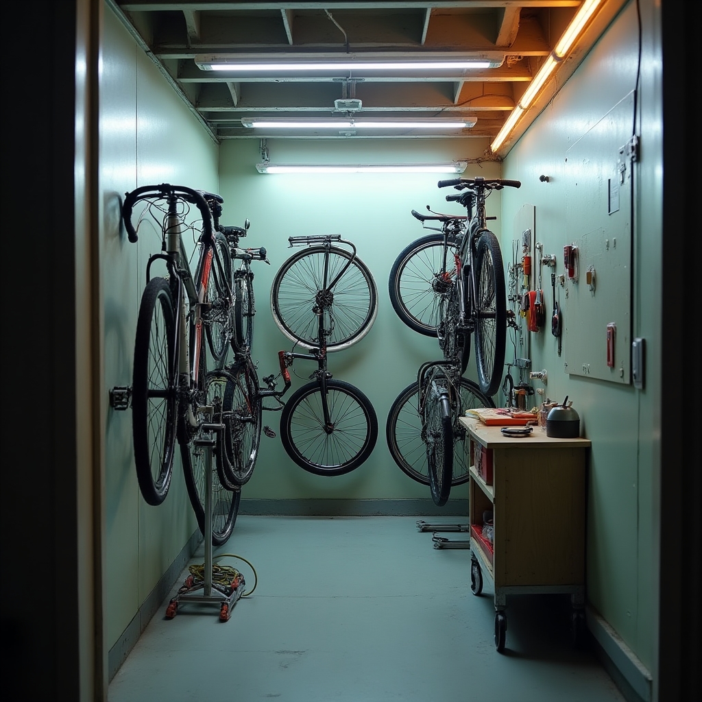 Converted building storage area transformed into organized bicycle parking with wall-mounted racks, repair station and proper lighting