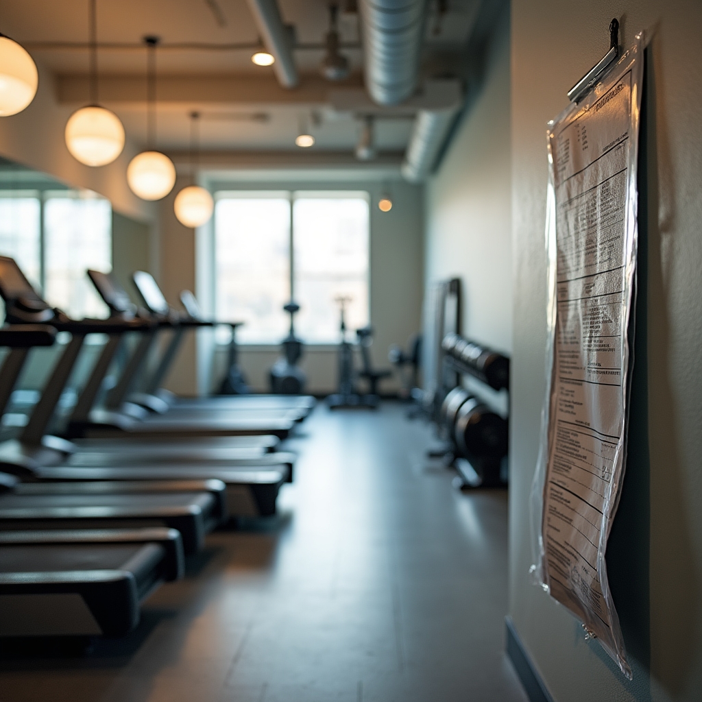 Well-maintained residential building amenity space showing clean equipment and organized storage in a modern gym setting with proper lighting