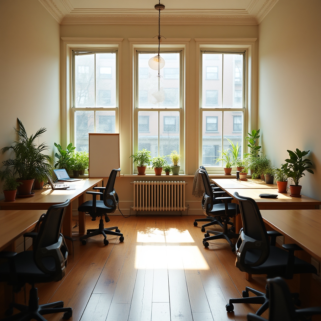 Bright modern coworking space converted from an underused building amenity room with desks, plants, and warm lighting