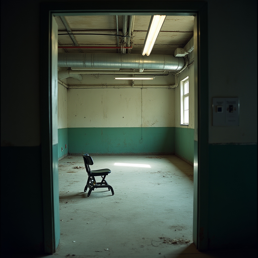 Empty neglected building gym with broken treadmill, dusty weights and flickering fluorescent lighting showing years of disuse