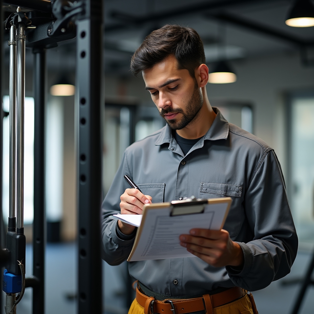 Building maintenance technician inspecting gym equipment with checklist in hand, wearing work uniform in a residential amenity space