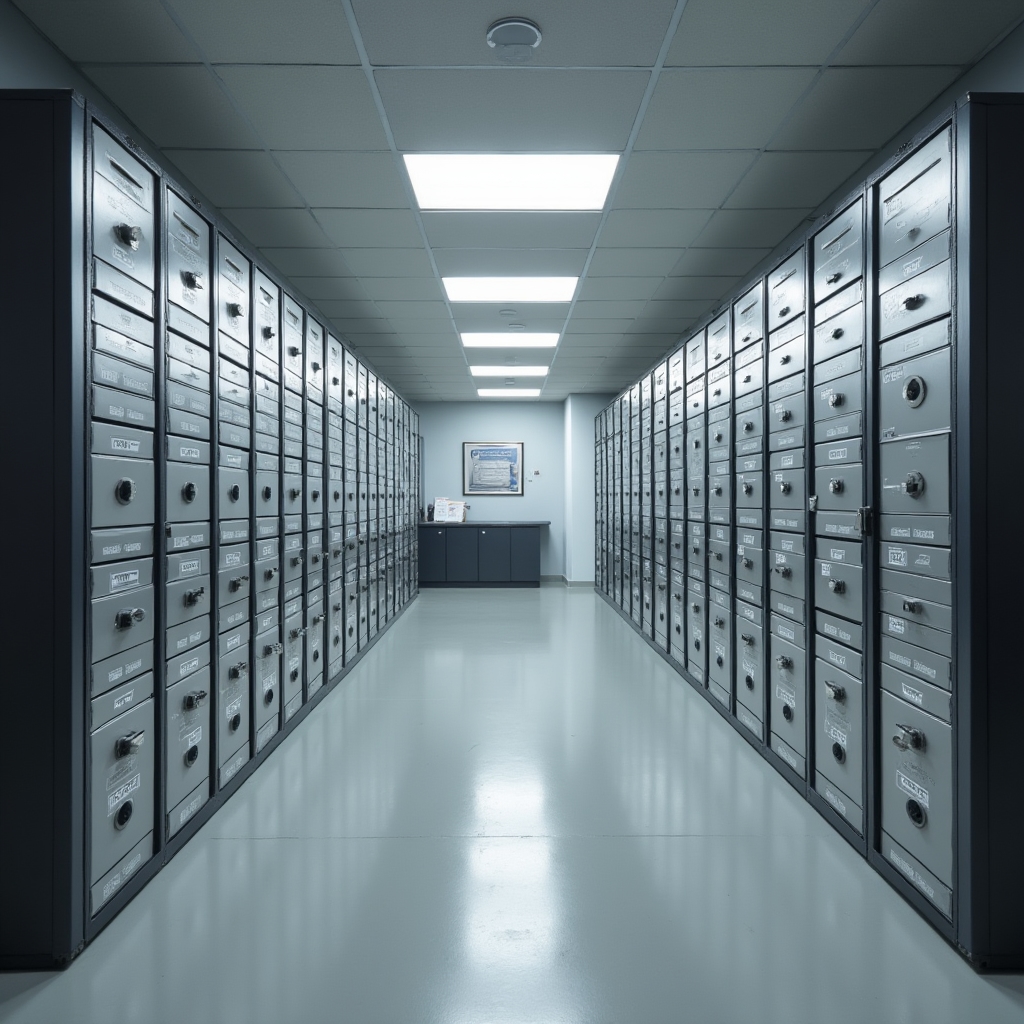 Modern package reception room in residential building with organized shelving system, secure lockers and digital access control panel