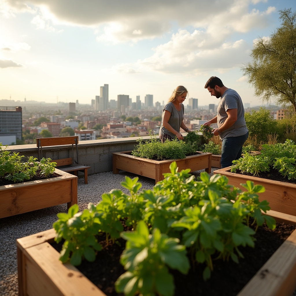 Residential building rooftop terrace being transformed into community urban garden with raised planting beds and city skyline in background