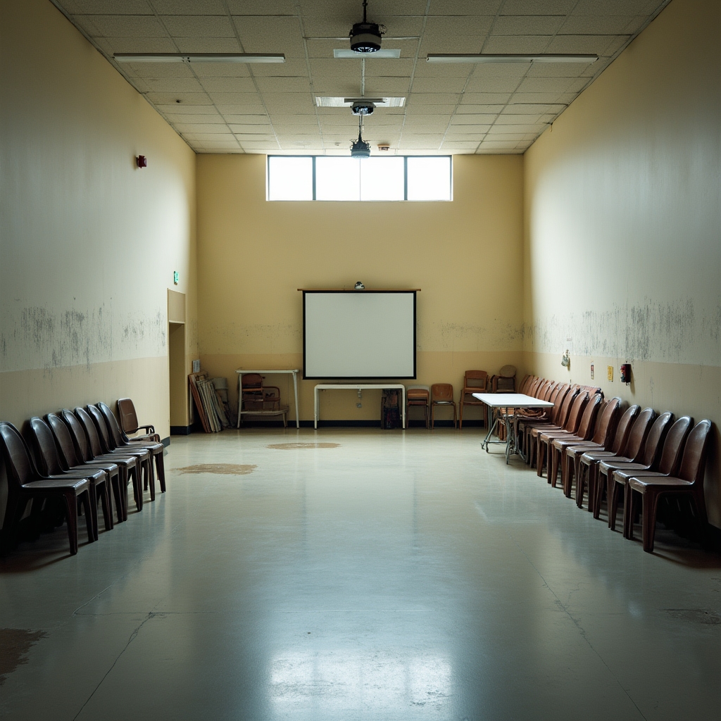 Large underused multipurpose room in residential building with stacked chairs and empty floor space showing minimal activity