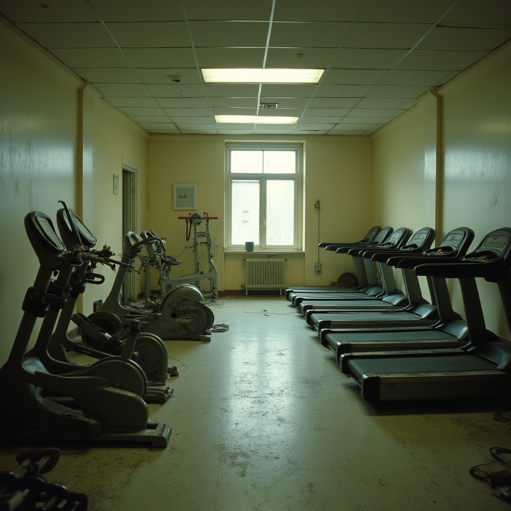 Abandoned gym equipment in a residential building amenity space showing broken treadmills and dusty weights